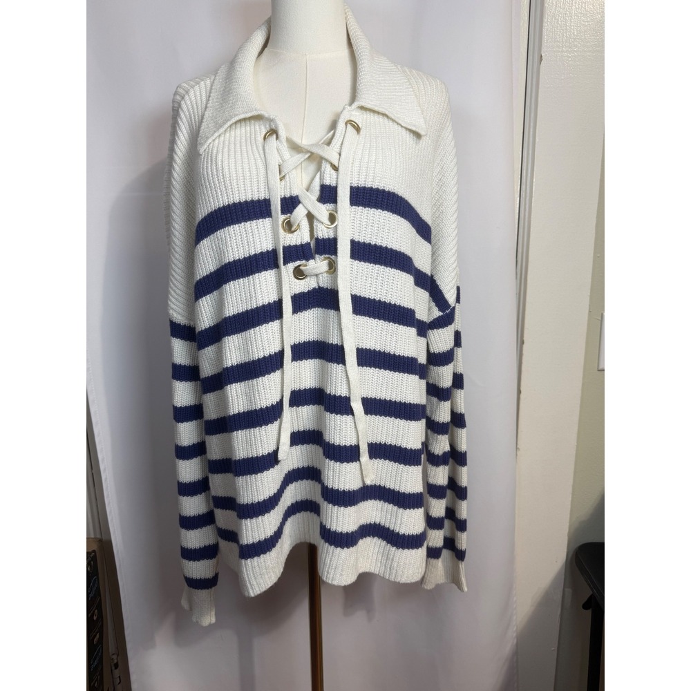 Loft Womens XL Navy Blue Cream Striped Lace Up Ribbed Knit Sweater Nautical